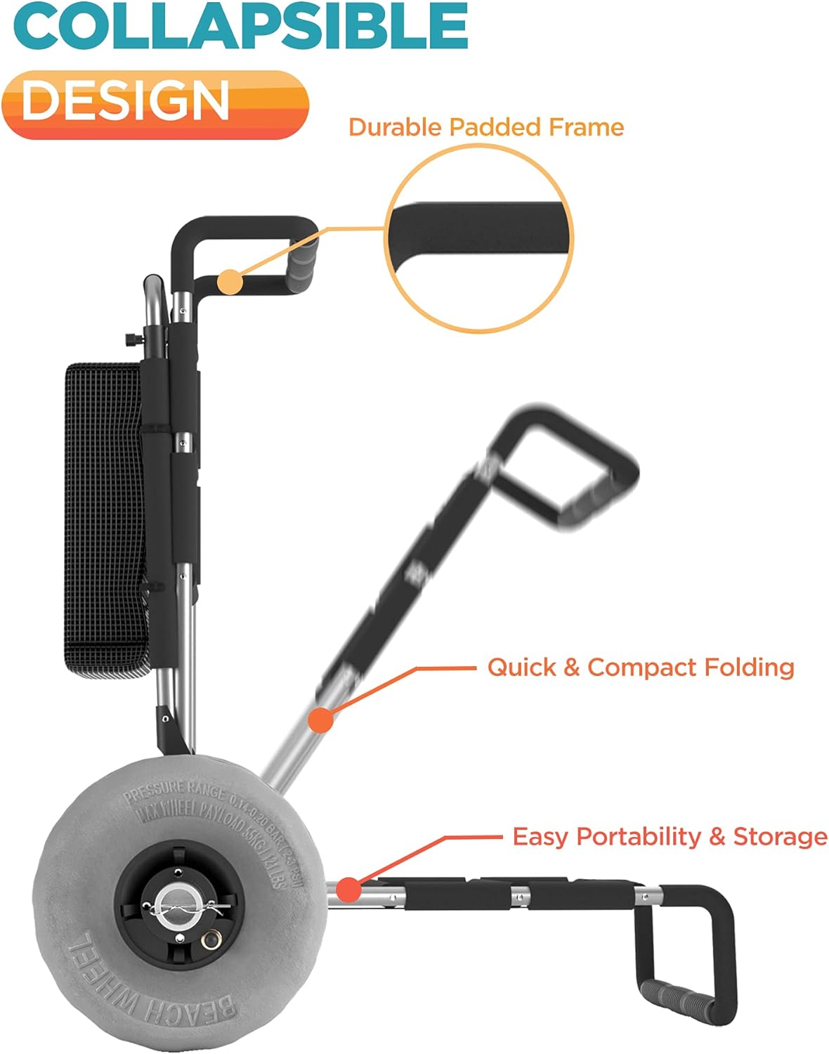 Compact Fold-Flat Beach Cart with Large 8 Pneumatic Balloon Wheels J8196