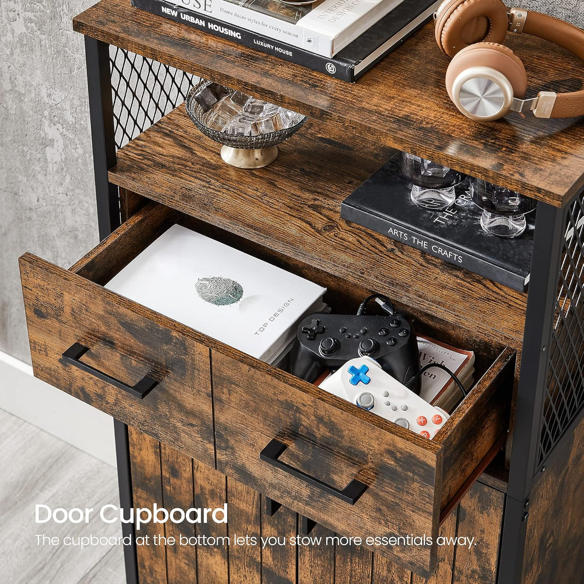 Rustic Brown and Black Freestanding Storage Cabinet with Doors and Shelves V850