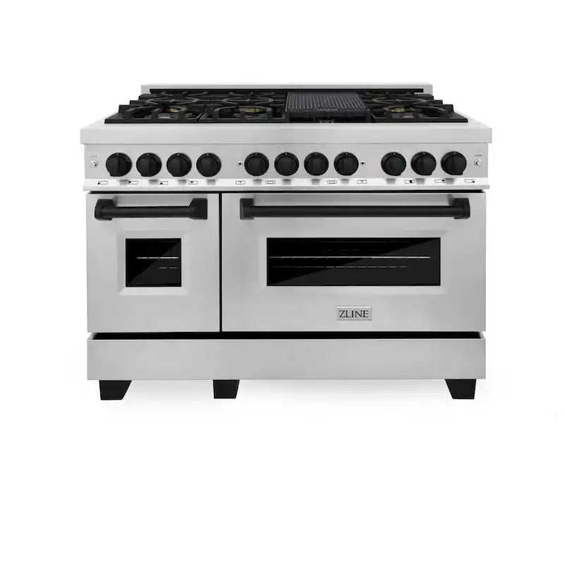 48 in. 7 Burner Double Oven Dual Fuel Range in Stainless Steel and Matte Black B56263