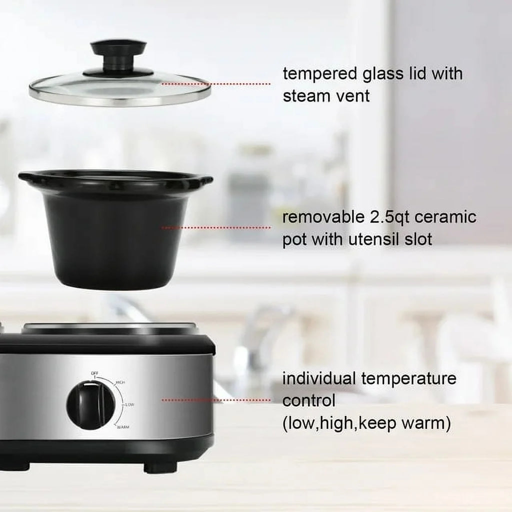 2.5QT Dual Pot Slow Cooker With Adjustable Temp Stainless Steel Removable Pots S526