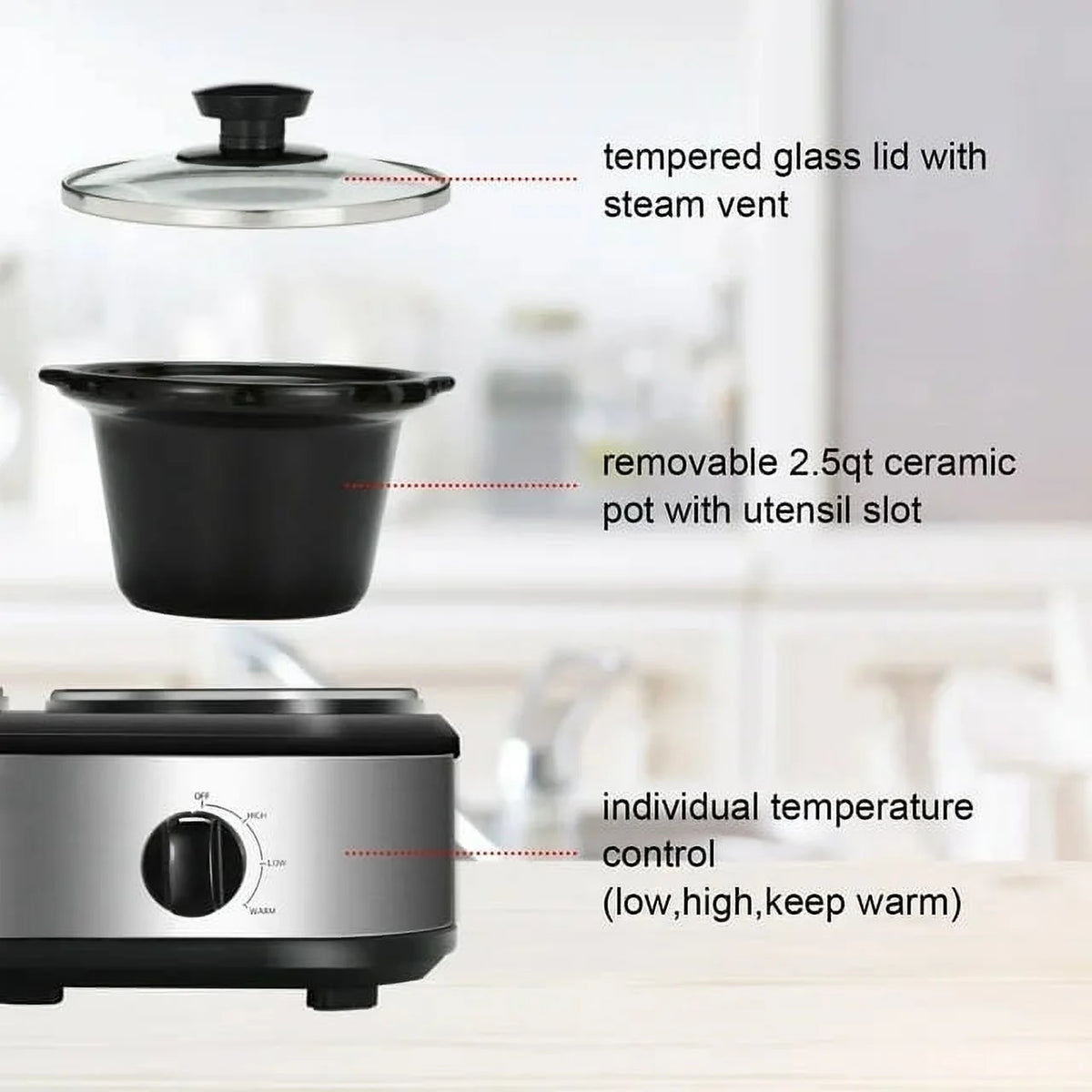 2.5QT Dual Pot Slow Cooker With Adjustable Temp Stainless Steel Removable Pots S526