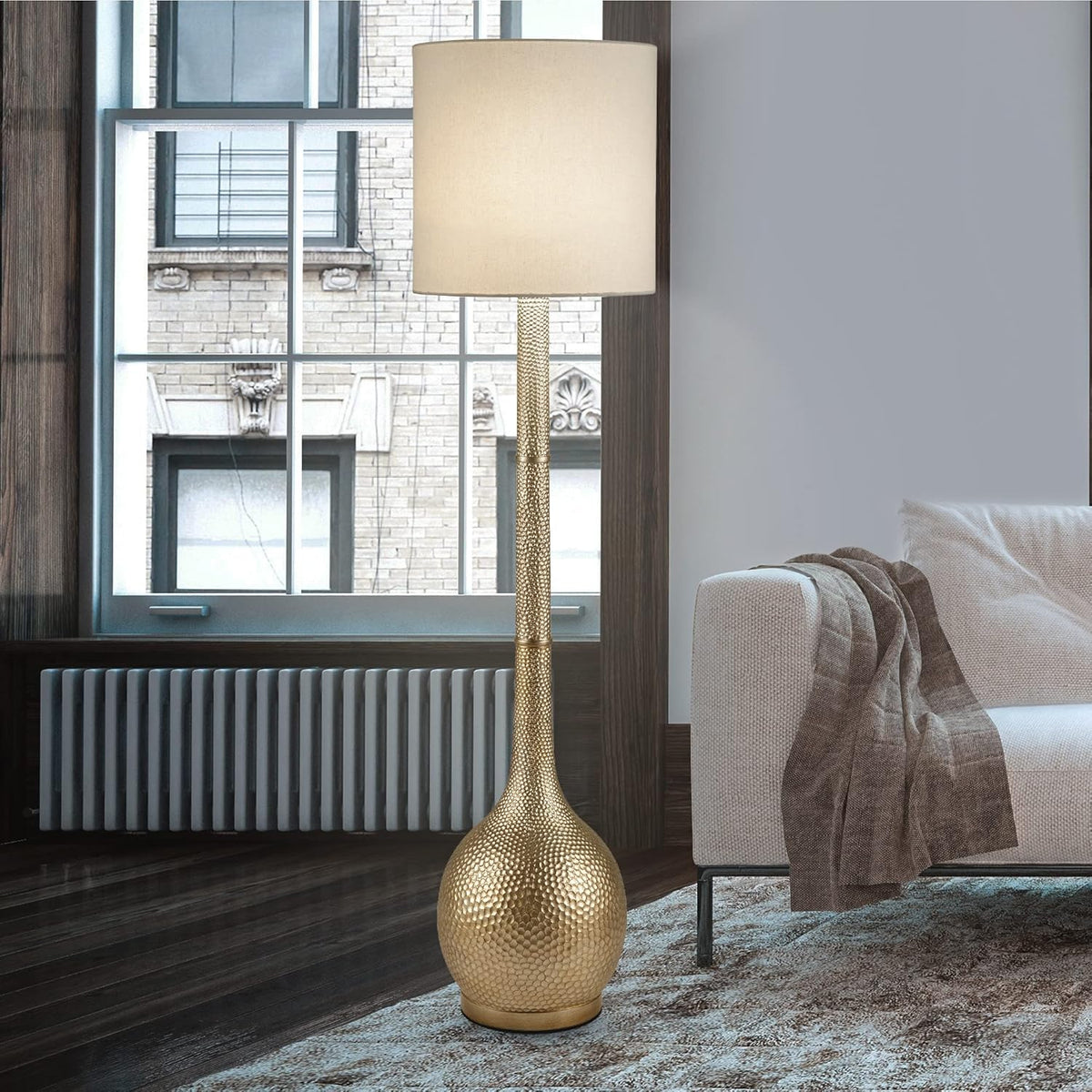 Hammered Metal Floor Lamp with Linen Shade J6957