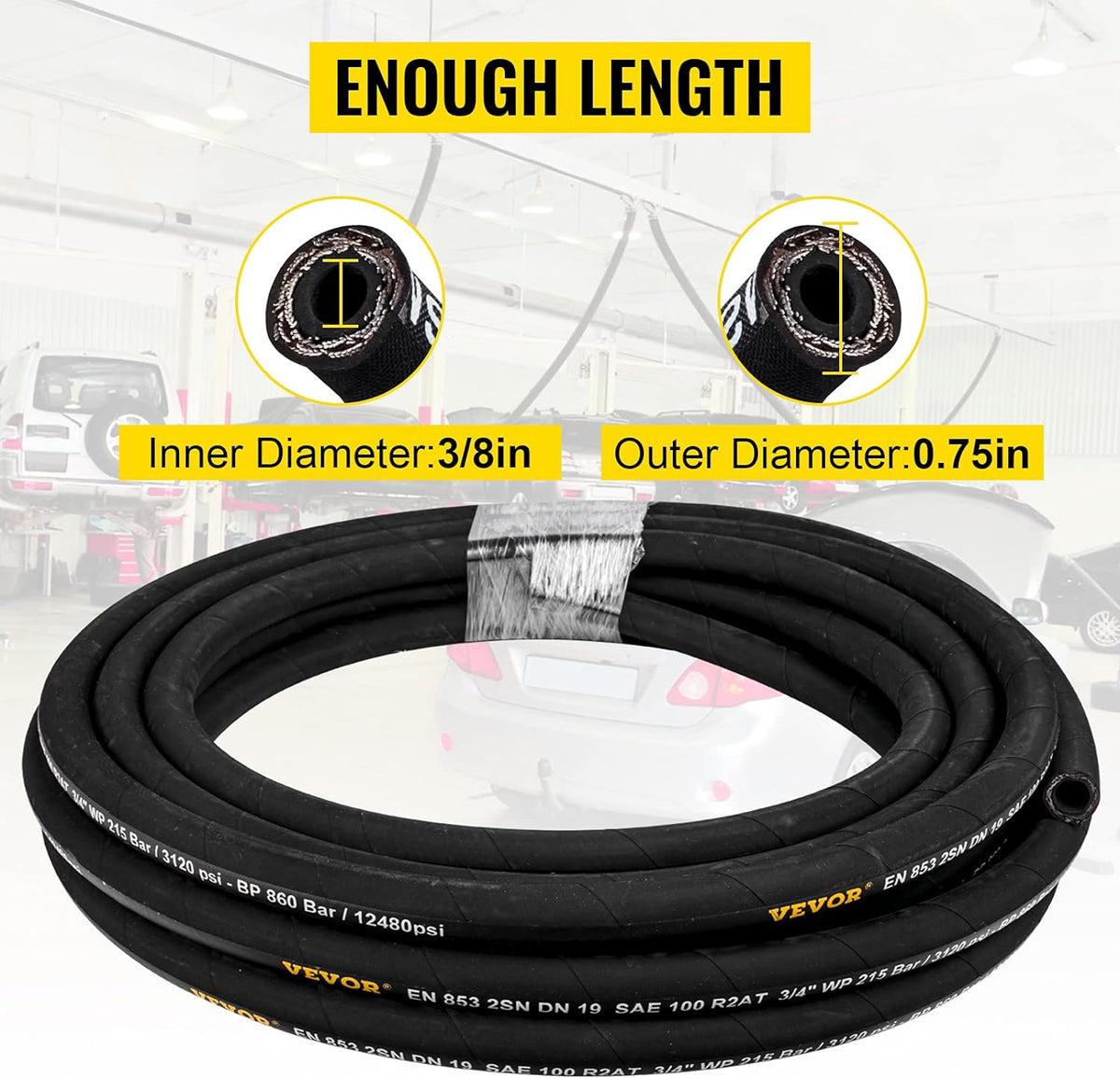Hydraulic Hose 3/8 inch x 100 ft, 4800 PSI, Rubber, with 2 High-Tensile Steel Wire Braid A504