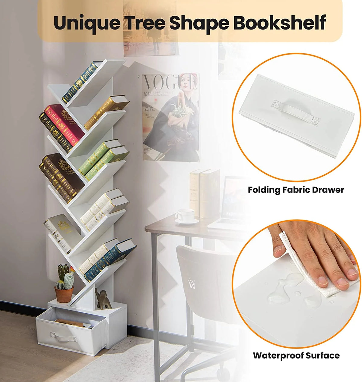 White Wooden 10 Shelf Bookshelf with Drawer O915842