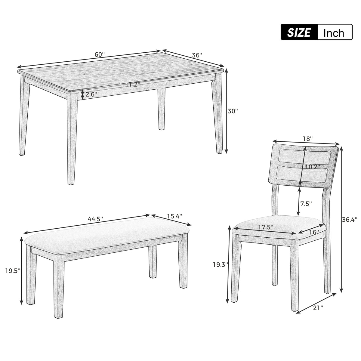 6 Piece Dining Table and Chair Set with 4 Upholstered Chairs and Bench R25084