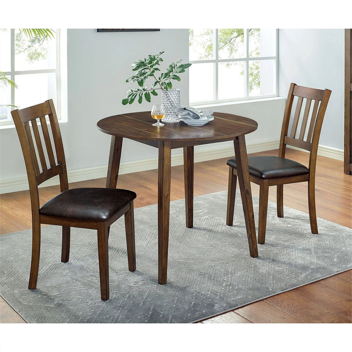 Wood 3-Piece Round Dining Table Set in Walnut C97651
