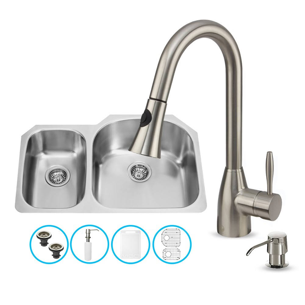 Undermount Stainless Steel Kitchen Sink with Faucet, Two Grids, Two Strainers and Dispenser X29874