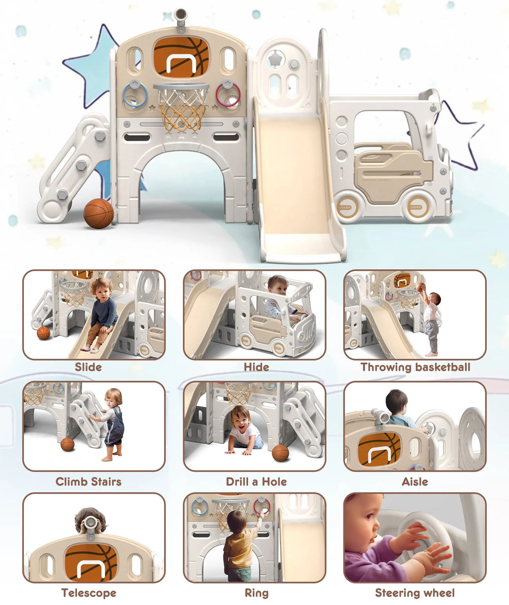 Kids Slide Set with Climber, Basketball Hoop, Tunnel, Playhouse Z94142