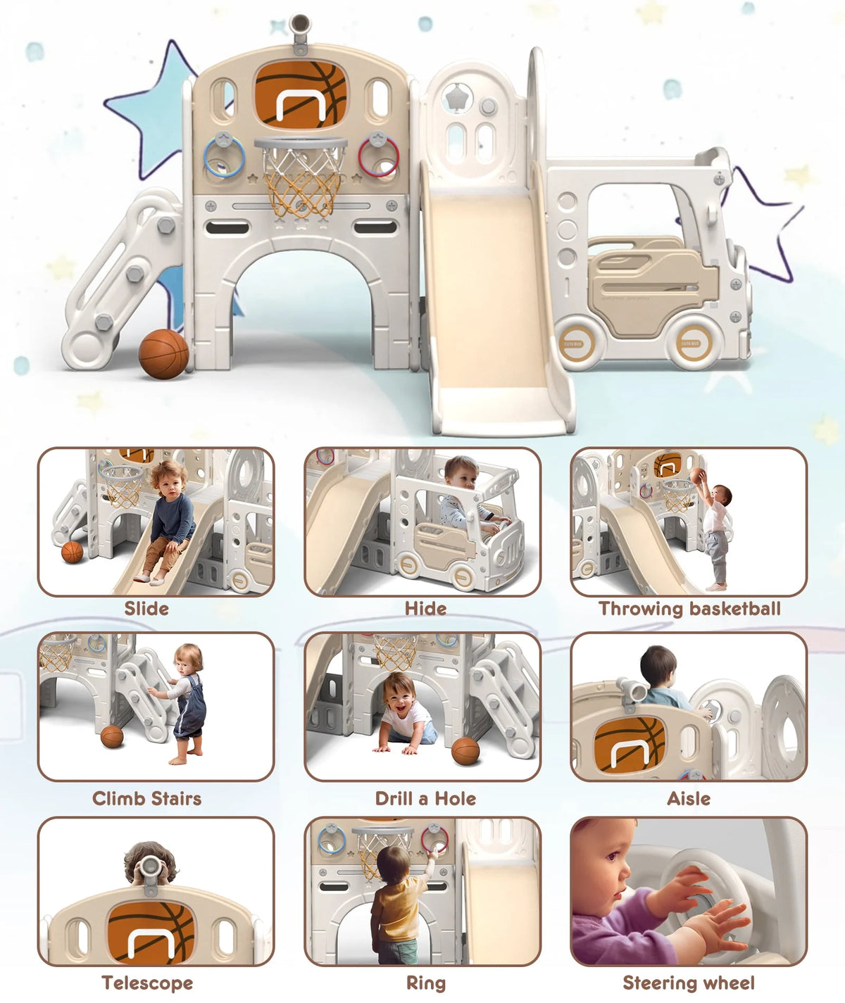 Kids Slide Set with Climber, Basketball Hoop, Tunnel, Playhouse Z94142