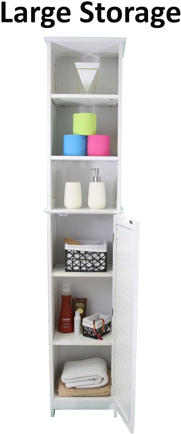 Freestanding Bath Linen Tower Cabinet 1 Door 3 Shelves Wood White D4772