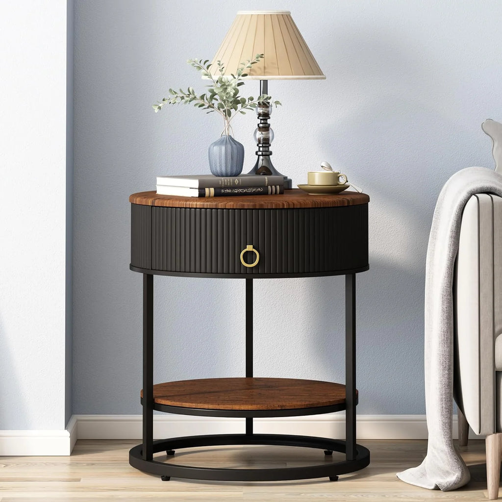Black Metal 2-Tier Round End Table with Drawer L27170
