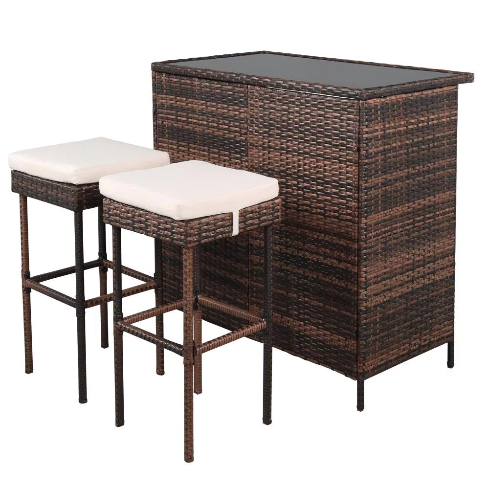 3PCS Patio Rattan Wicker Bar Table Stools Dining Set Brown A6204