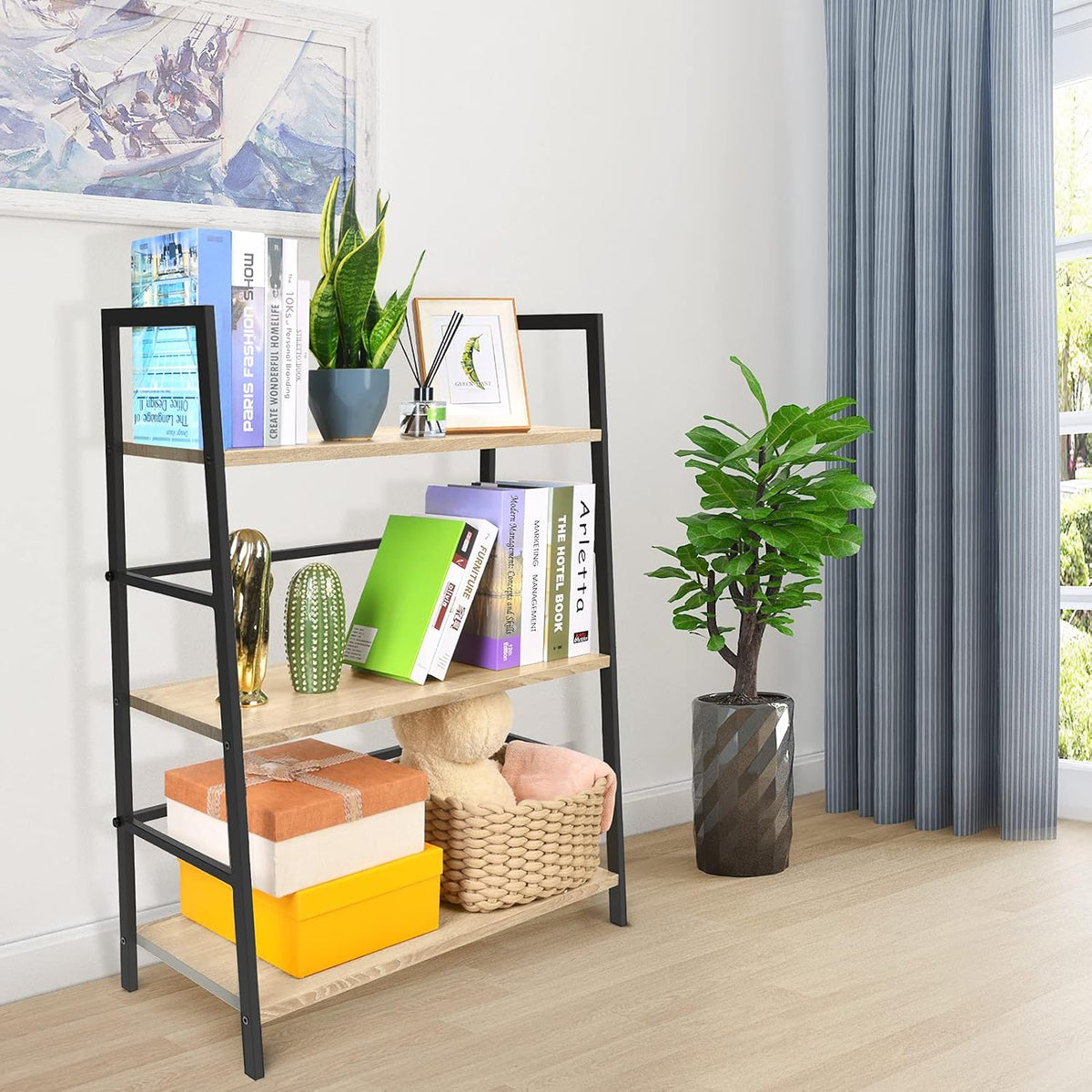 3-Tier Wood Bookshelf with Metal Frame E540
