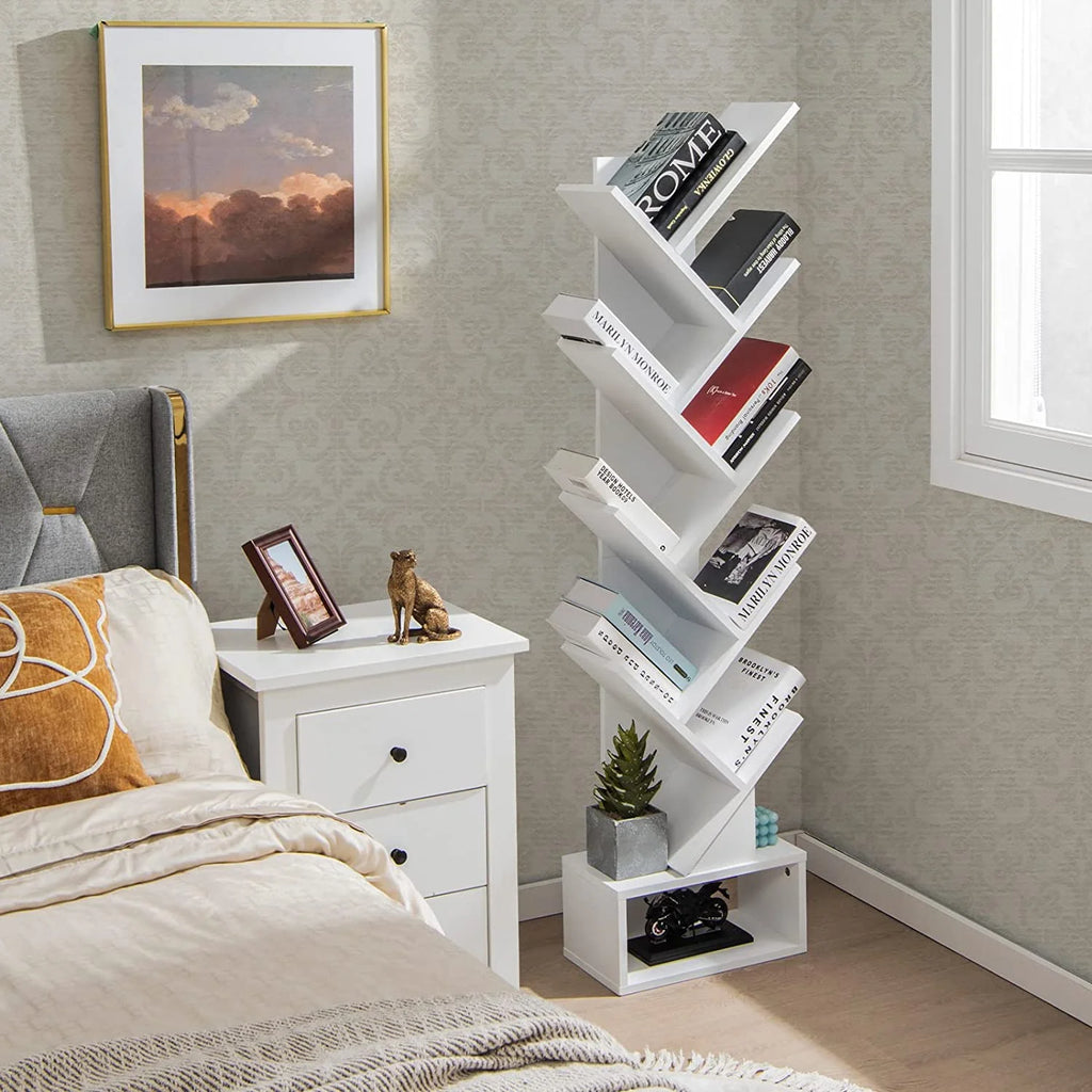 White Wooden 10 Shelf Bookshelf with Drawer O915842