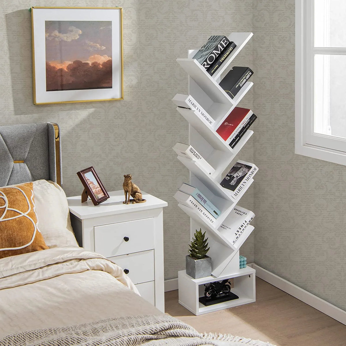 White Wooden 10 Shelf Bookshelf with Drawer O915842