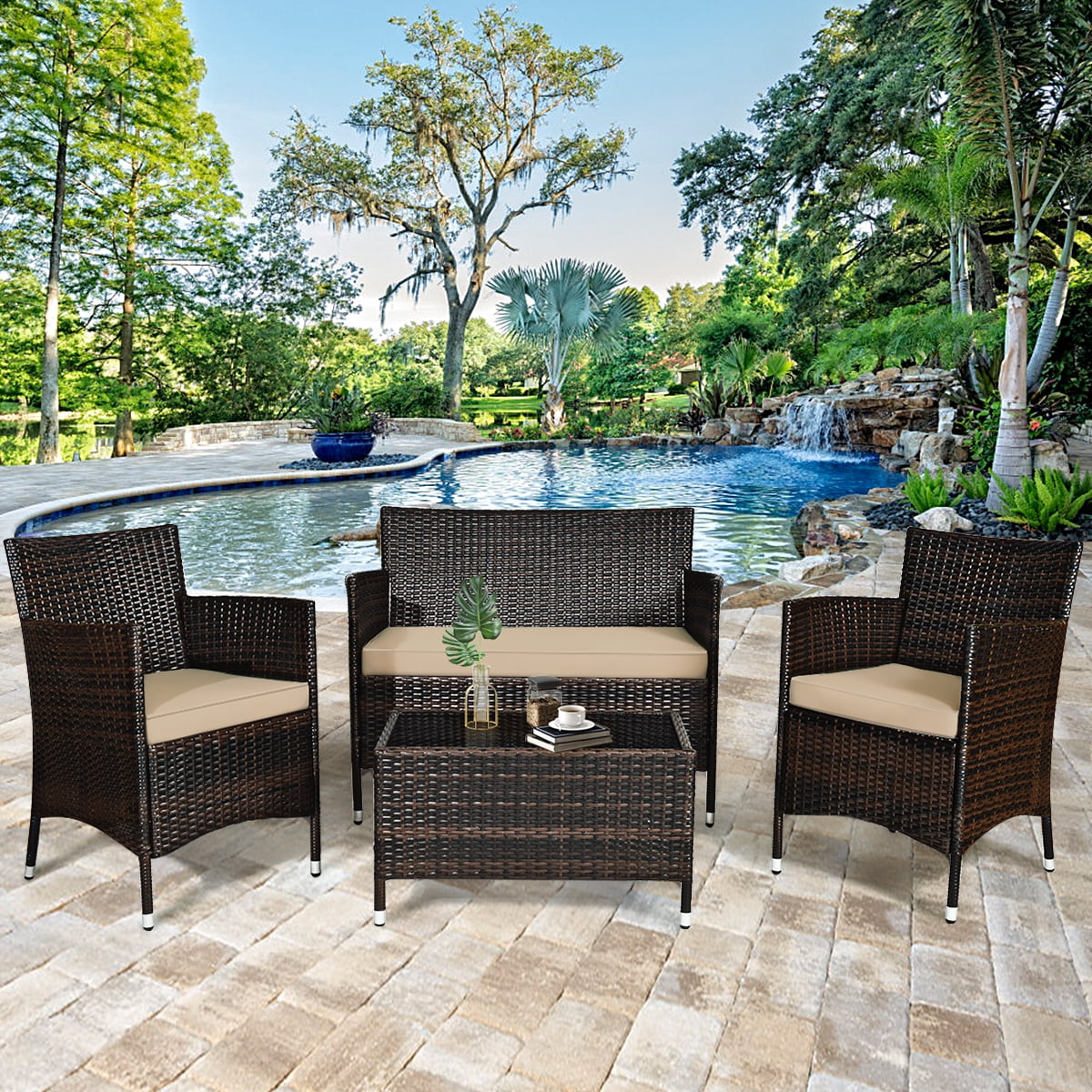 4 Pc Patio Rattan Conversation Furniture Set with Gray Cushion T537