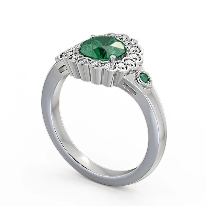 14K White Gold Floral Halo Round Cut Emerald Real Diamond Ring Size 7.5 R3243
