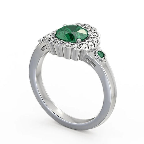 14K White Gold Floral Halo Round Cut Emerald Real Diamond Ring Size 7.5 R3243