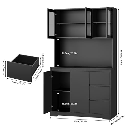 Black 71" Kitchen Pantry Cabinet with LED Lights and Charging Station G310948