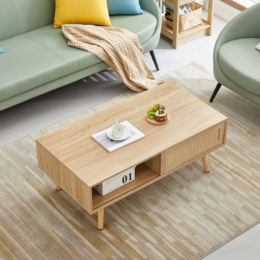 41.34" Rattan Coffee Table with Sliding Door Storage E471233