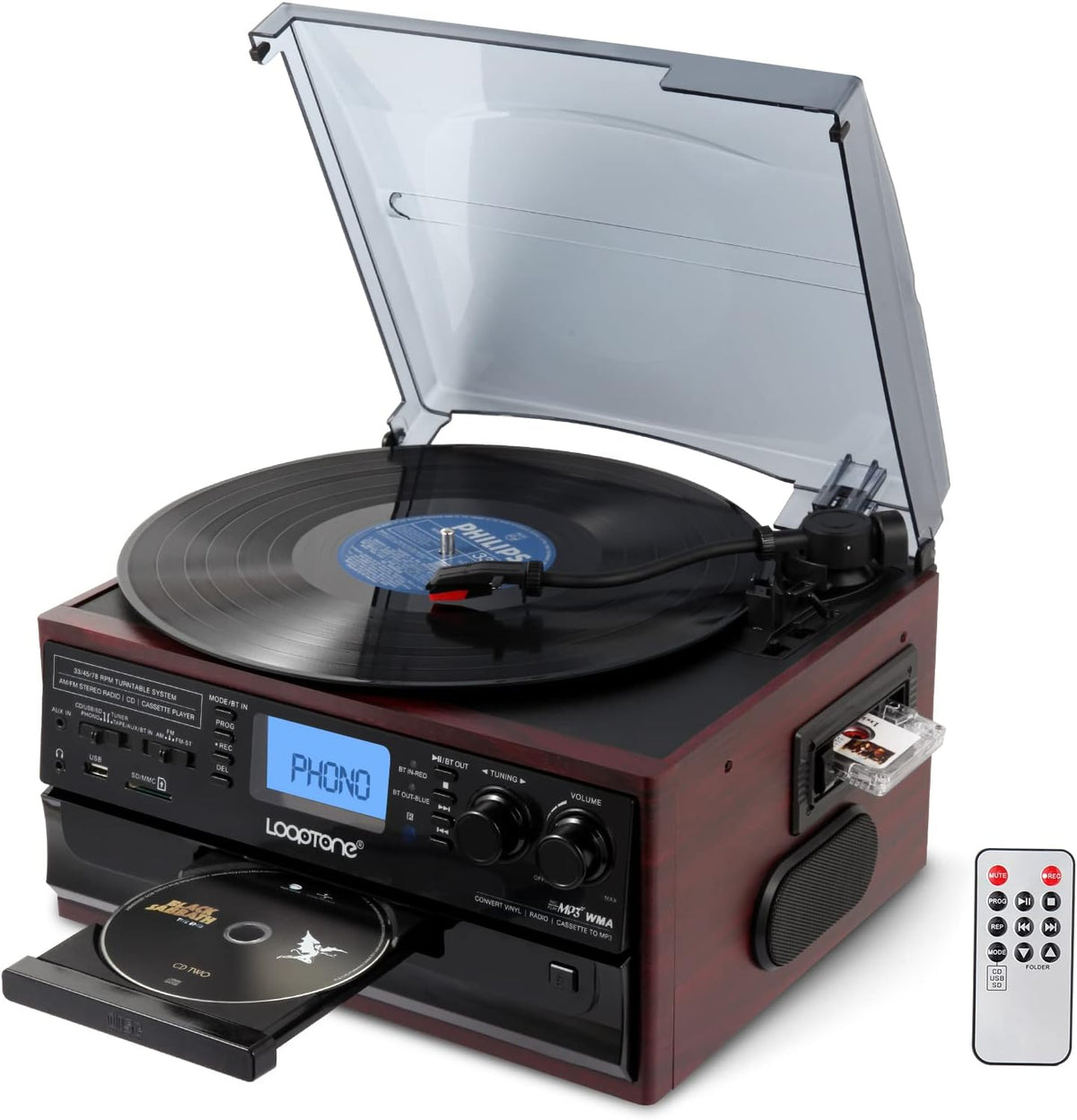 10 in 1 Bluetooth Record Player Turntable with CD Player Cassette AM/FM Radio L48240