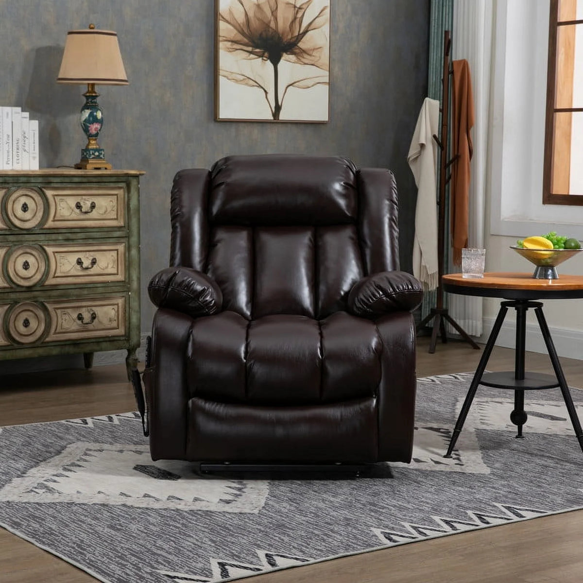 Deep Brown Leather Power Lift Recliner Chair with 8-Point Vibration Massage Lumbar Heating L7915