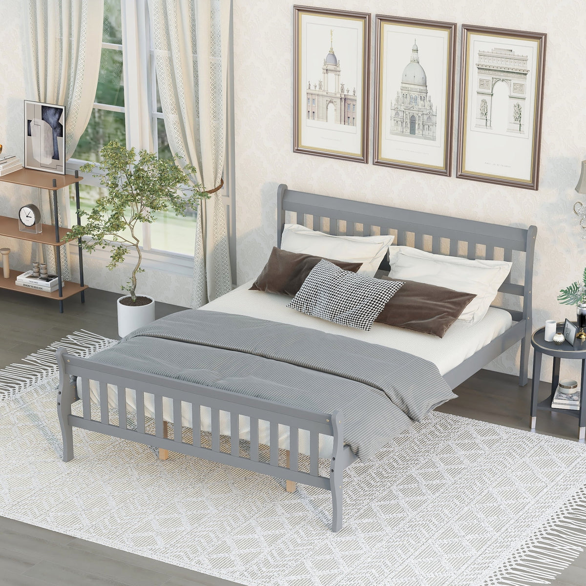 Queen Size Gray Wood Platform Bed Frame with Headboard F13032