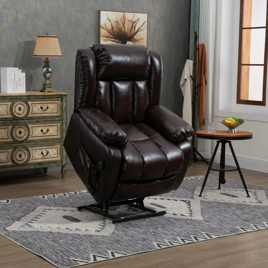 Deep Brown Leather Power Lift Recliner Chair with 8-Point Vibration Massage Lumbar Heating L7915