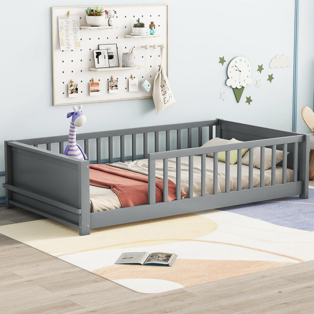 Twin Size Solid Pine Wood Floor Bed Frame with Safety Guardrails and Slats (Grey) Y493786