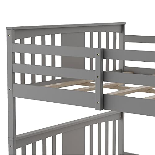 White Twin Over Twin Low Wooden Bunk Bed with Ladder D337297