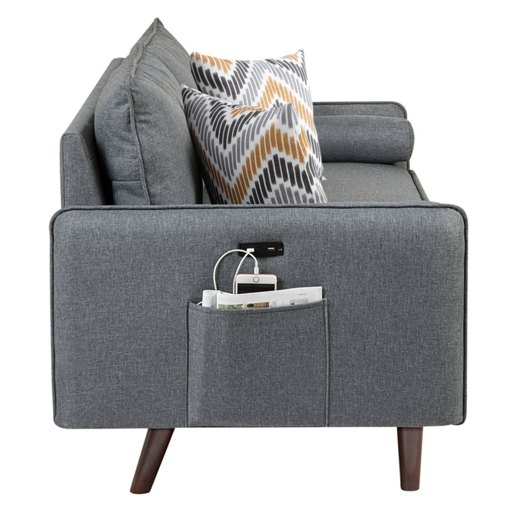 Gray Linen Loveseat Couch with USB Charging Ports E8707