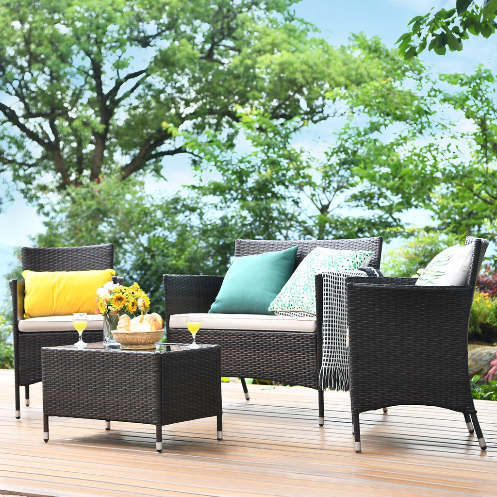 4 Pc Patio Rattan Conversation Furniture Set with Gray Cushion T537