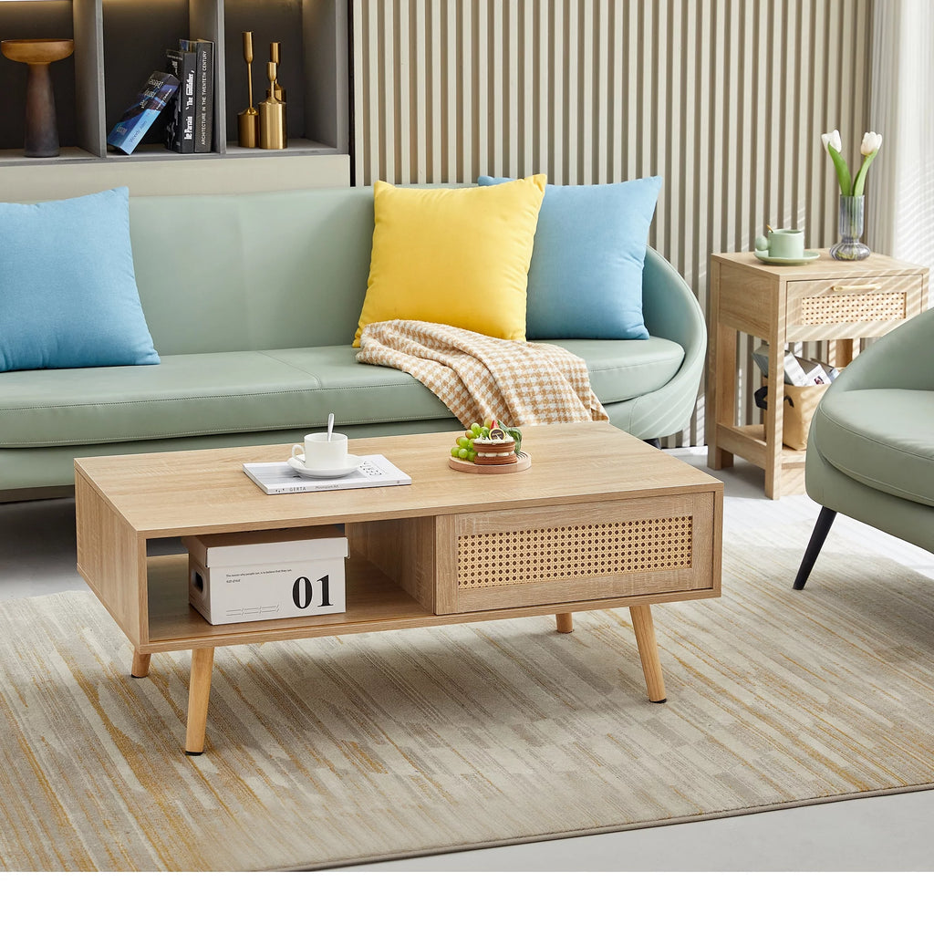 41.34" Rattan Coffee Table with Sliding Door Storage E471233