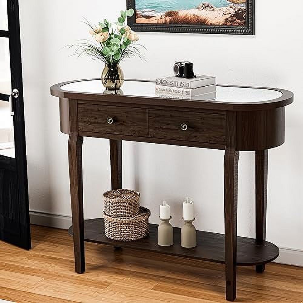Half-Round Entryway Table with Solid MDF Board Glass Table Top Console Table 15.7" D x 40" W x 30.5" H G151093