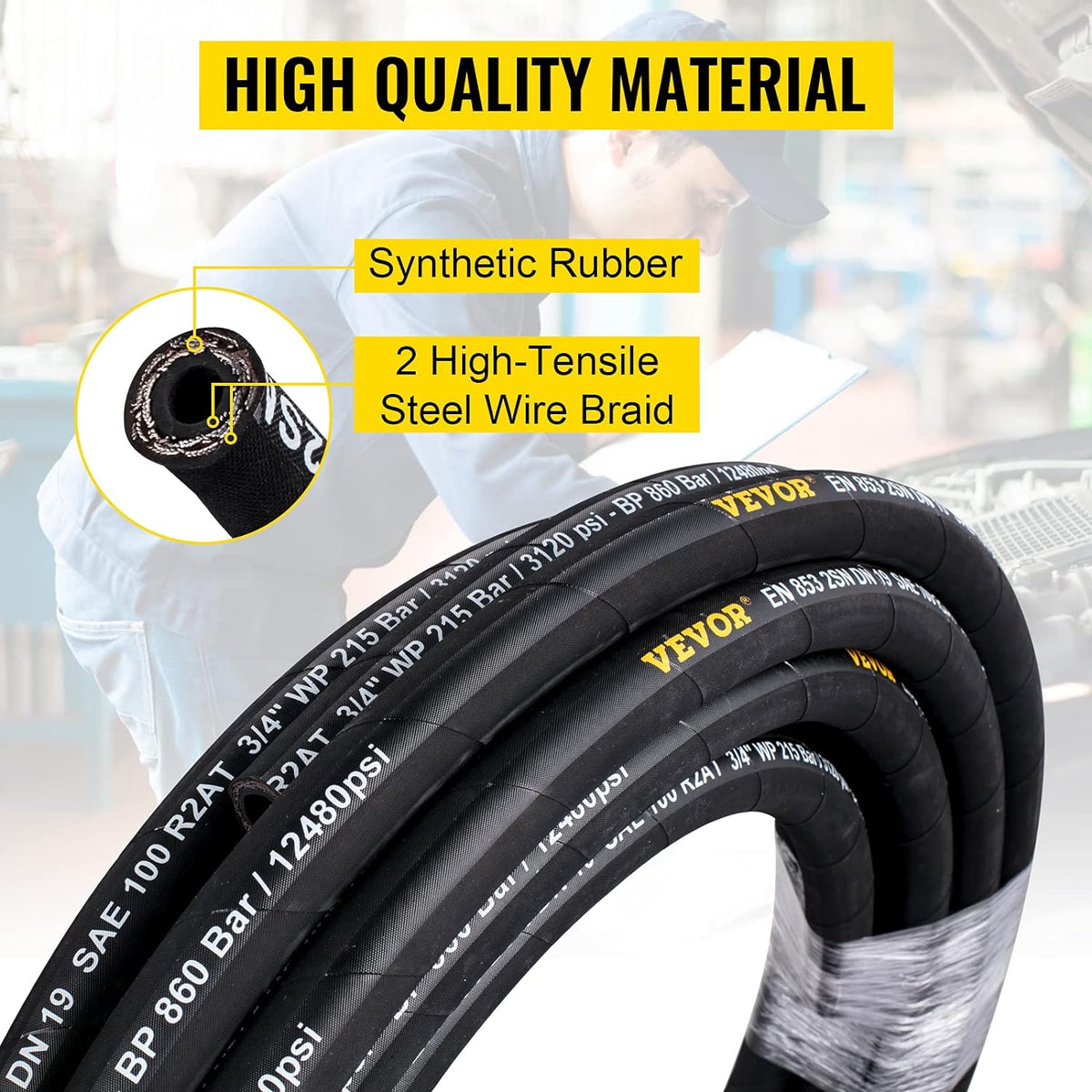 Hydraulic Hose 3/8 inch x 100 ft, 4800 PSI, Rubber, with 2 High-Tensile Steel Wire Braid A504
