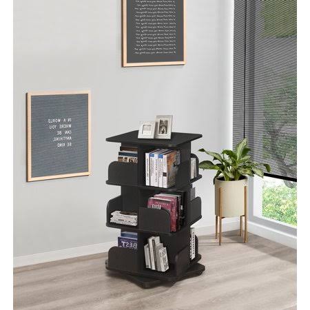 Black Wood 3 Tier Revolving Bookcase with 12 Shelves Q8007