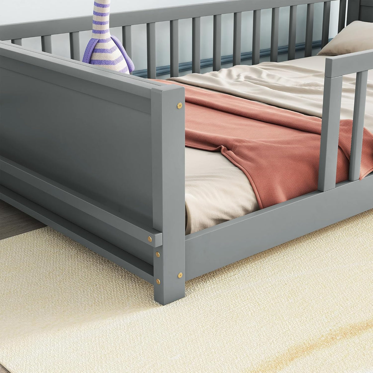 Twin Size Solid Pine Wood Floor Bed Frame with Safety Guardrails and Slats (Grey) Y493786