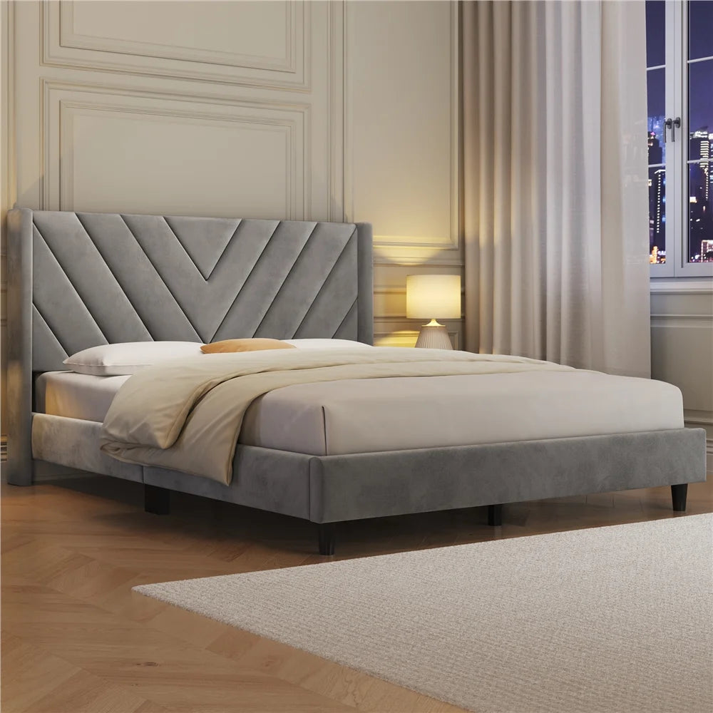 Queen Light Gray Upholstered Platform Bed Frame Y722235