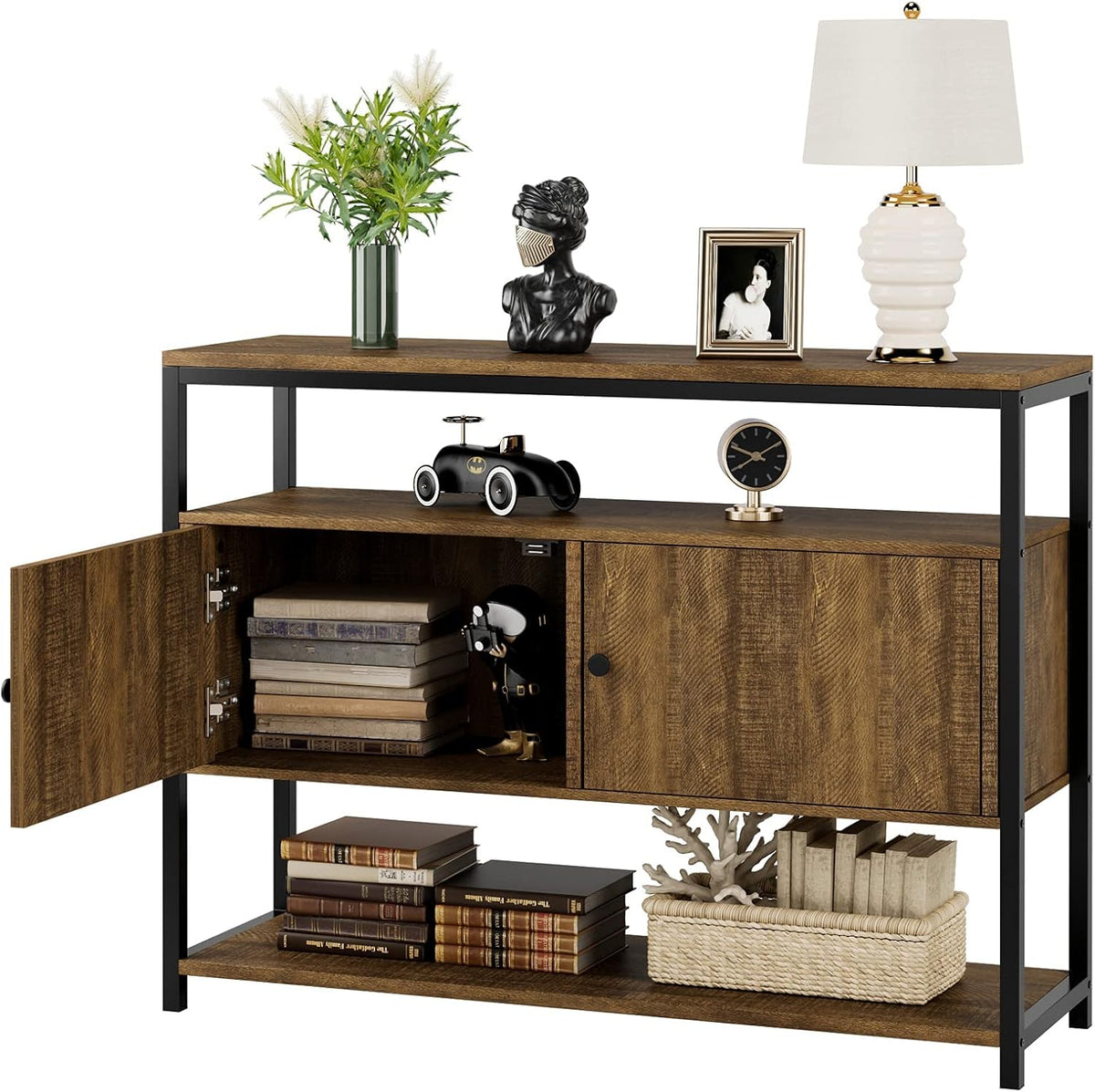 Walnut Brown 3-Tier Console Table with 2 Cabinet Doors Z334078