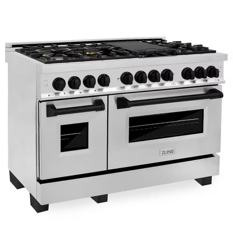 48 in. 7 Burner Double Oven Dual Fuel Range in Stainless Steel and Matte Black B56263