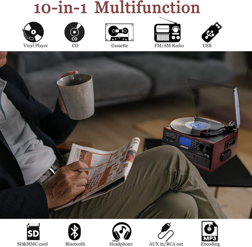 10 in 1 Bluetooth Record Player Turntable with CD Player Cassette AM/FM Radio L48240