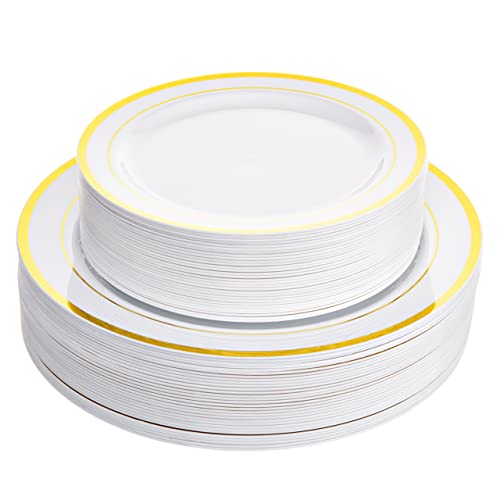 100 White Plastic Plates with Gold Trim, 50 Dinner Plates 10.25" + 50 Salad Plates 7.5" P827720