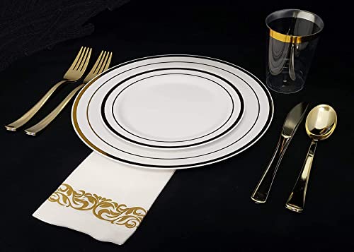 100 White Plastic Plates with Gold Trim, 50 Dinner Plates 10.25" + 50 Salad Plates 7.5" P827720