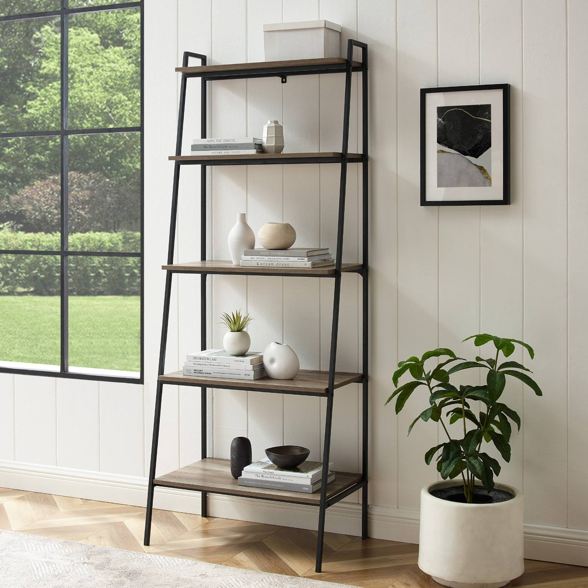 72-Inch Open Ladder Bookshelf Grey Wash K376554