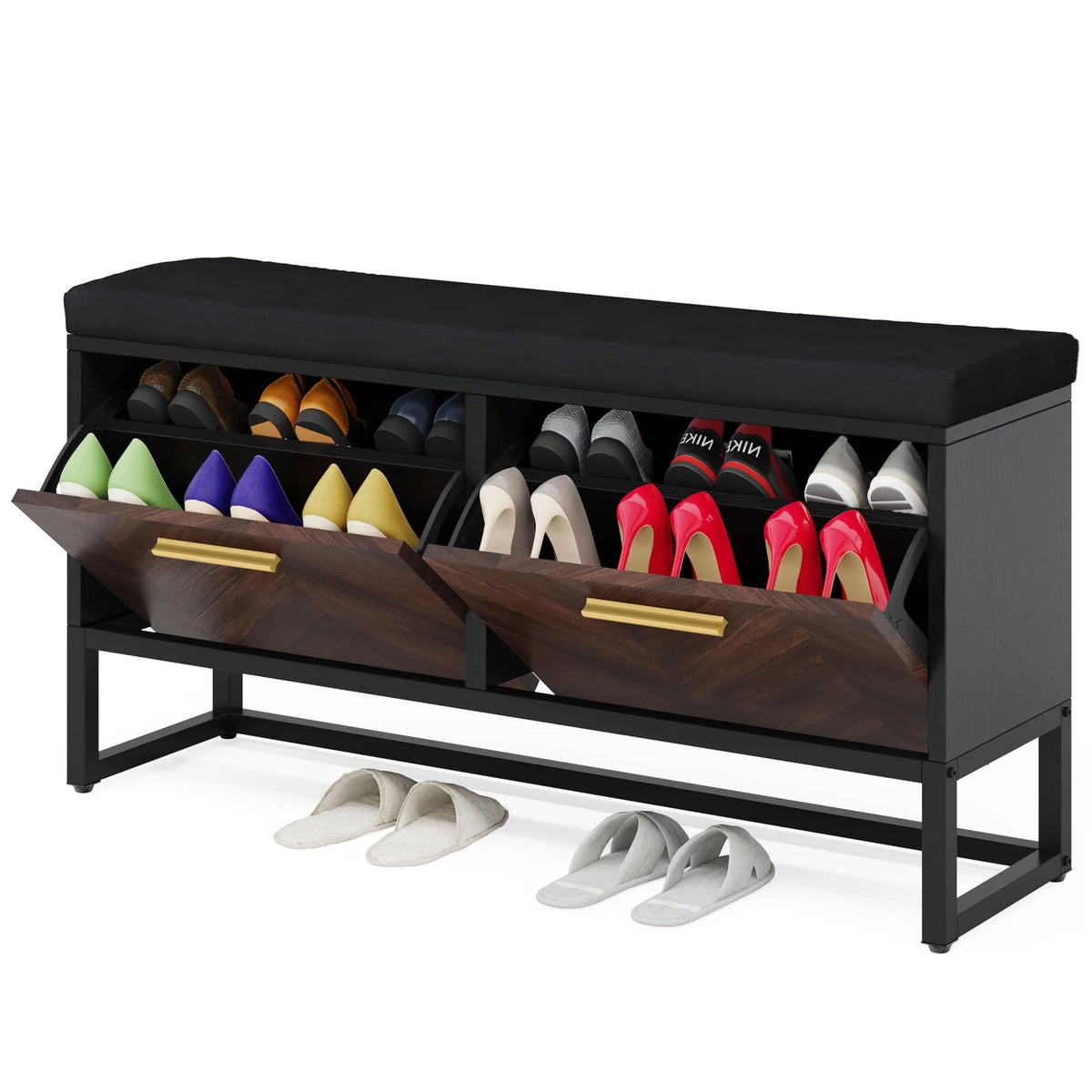 Shoe Storage Bench with Cushion & 2 Flip Drawers S526653