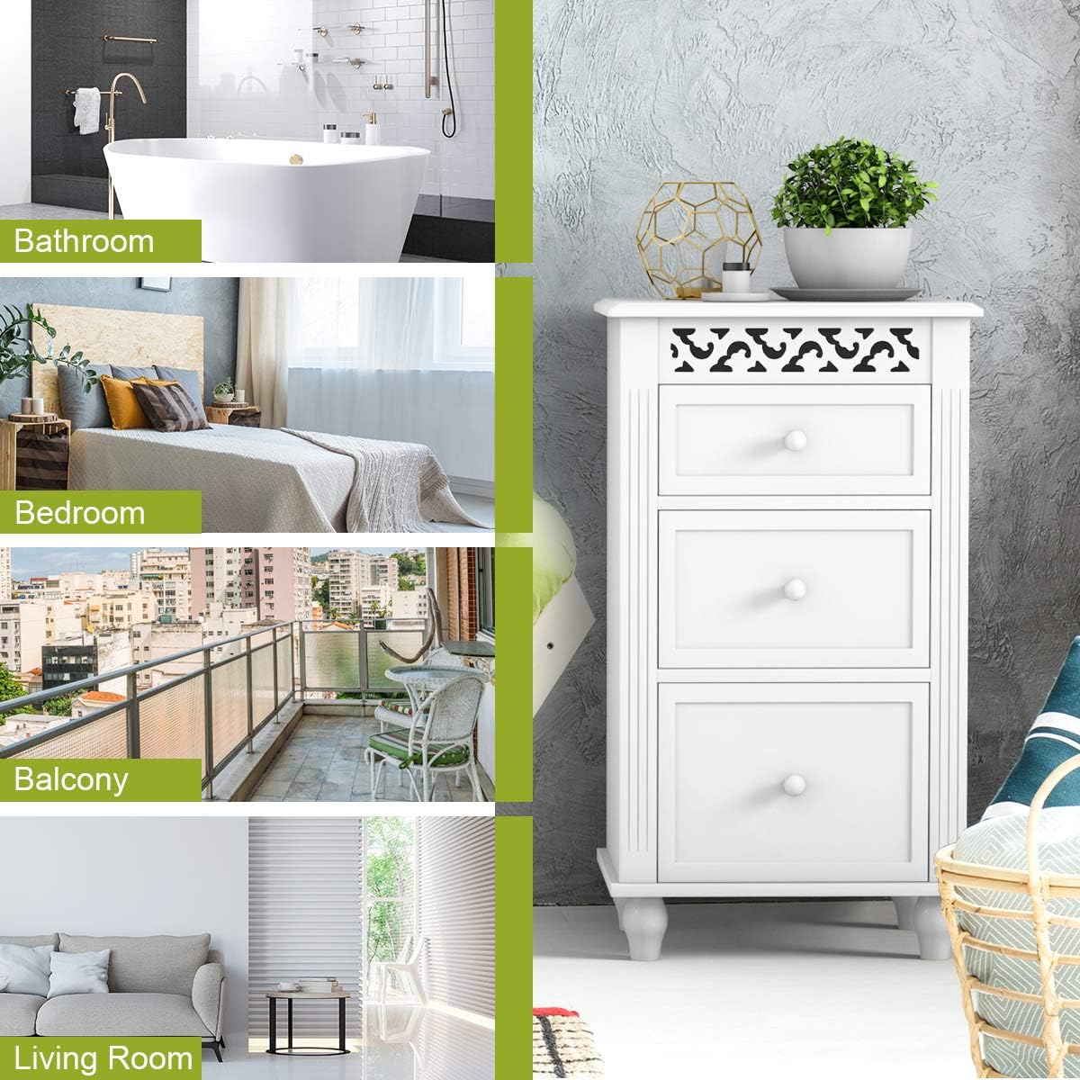 White 3 Drawer Wood Storage Cabinet T299