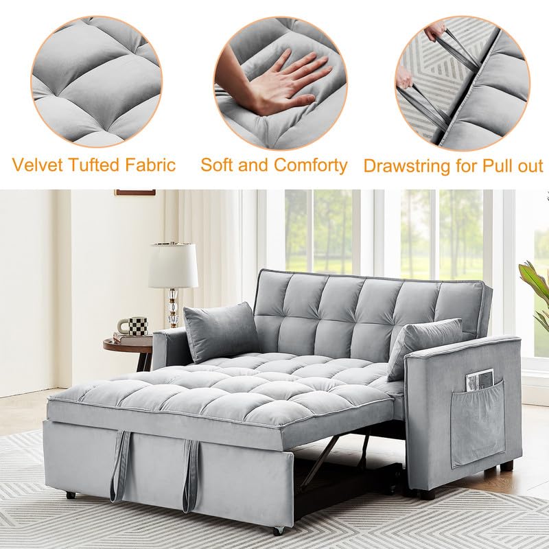 Beige Velvet Convertible Sleeper Sofa Bed with Pull Out Bed X151878