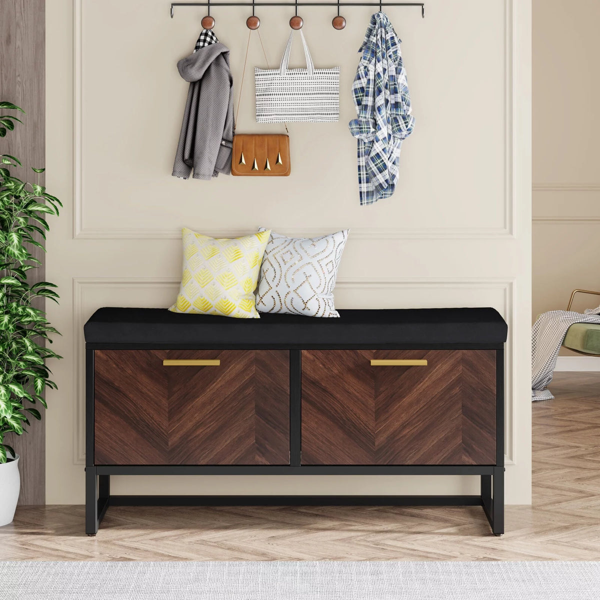 Shoe Storage Bench with Cushion & 2 Flip Drawers S526653