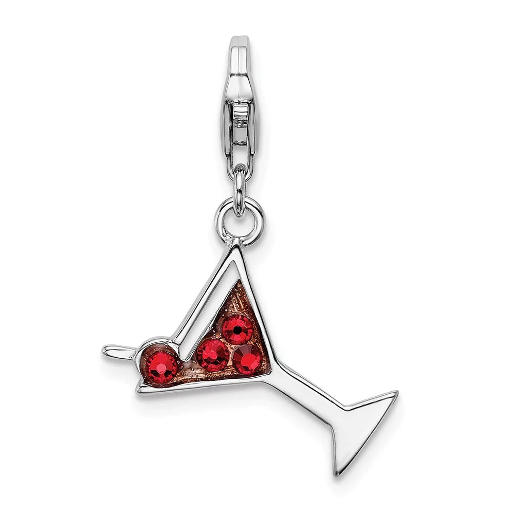 925 Sterling Silver Red Crystal Martini Glass Charm Pendant U18824