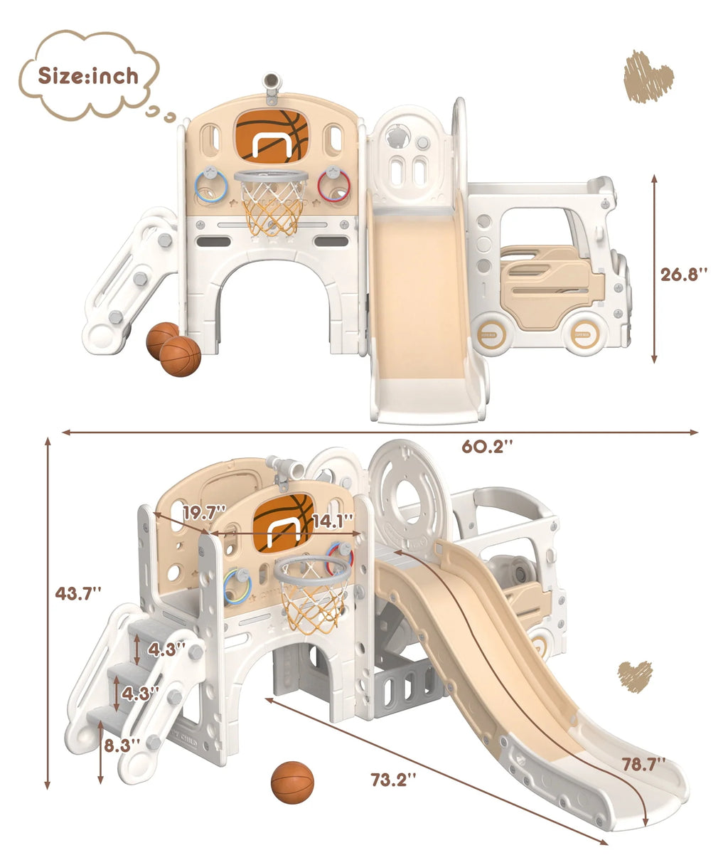 Kids Slide Set with Climber, Basketball Hoop, Tunnel, Playhouse Z94142